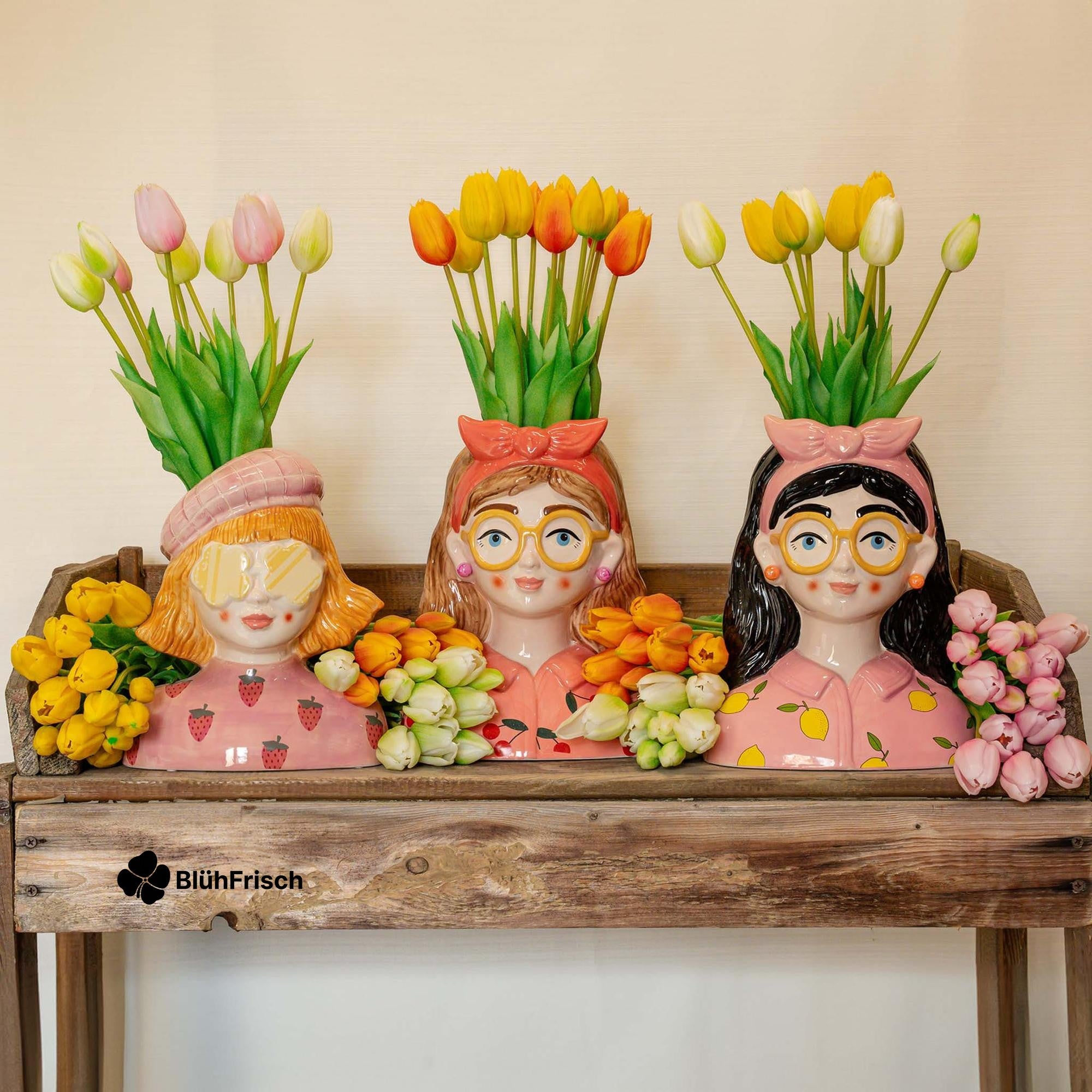 Vaas Lady Sunny + 10x real touch Tulpen wit/groen